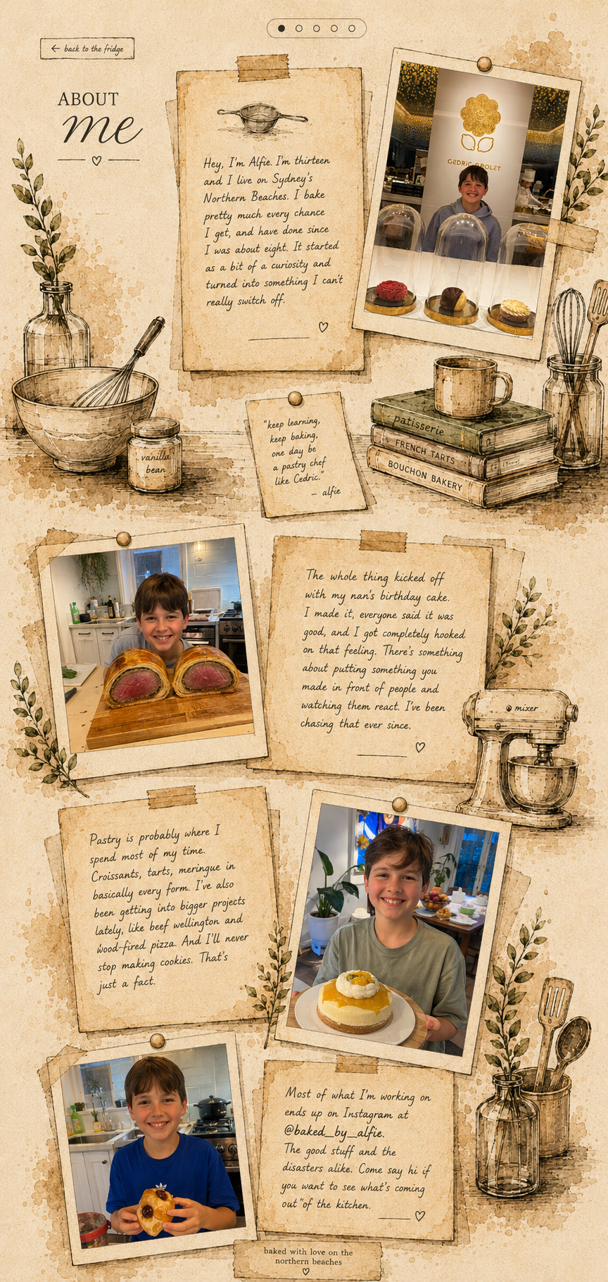 About me — Alfie's scrapbook page with photos and handwritten notes