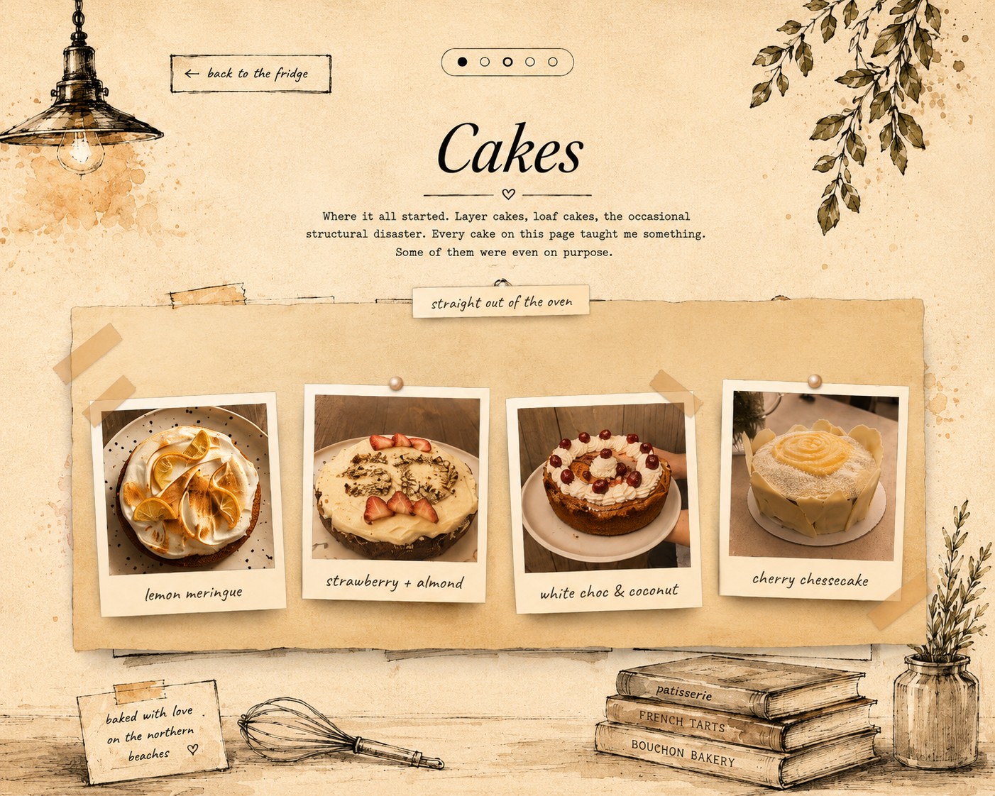 Cakes — polaroids of Alfie's cakes pinned to a board