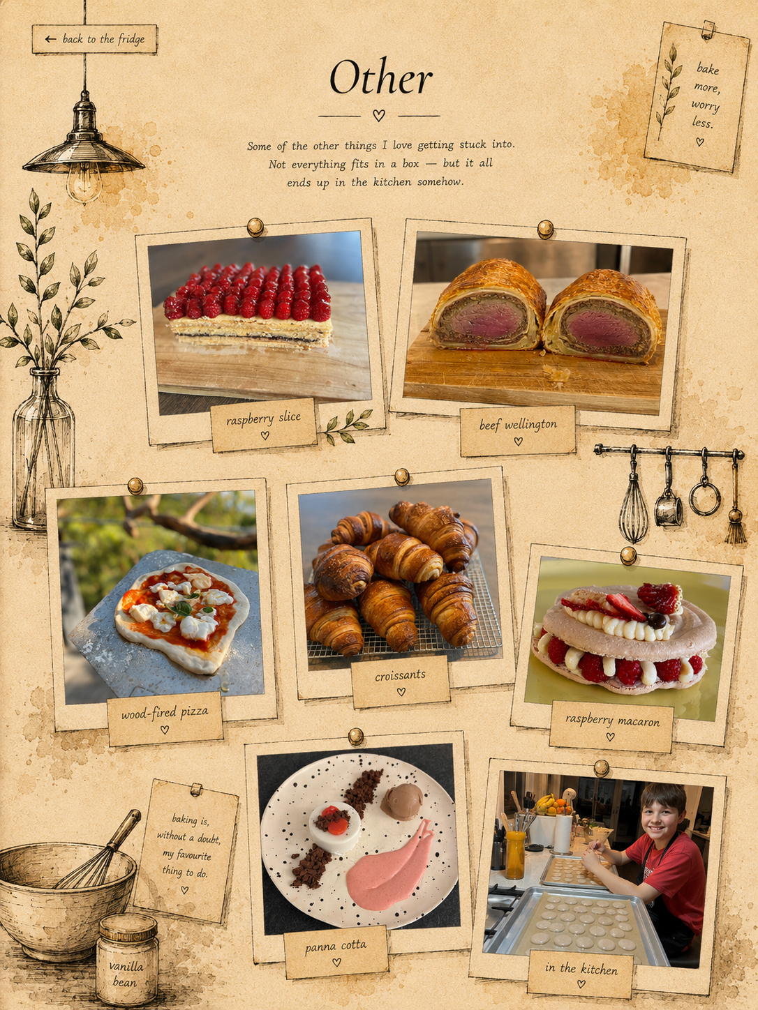 Other — raspberry slice, beef wellington, wood-fired pizza, croissants, raspberry macaron and panna cotta polaroids